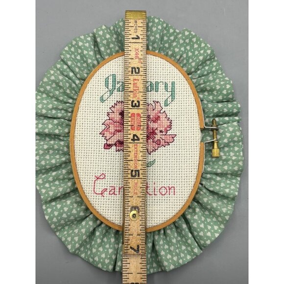 Handmade January Carnation Cross Stitch Wall Art With Ruffled Fabric Frame - Picture 4 of 4